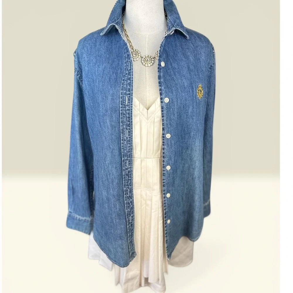 Lauren Jeans Co Ralph Lauren VTGE Denim Shirt SZ SM Blue Crest Logo Button Down - Picture 2 of 12